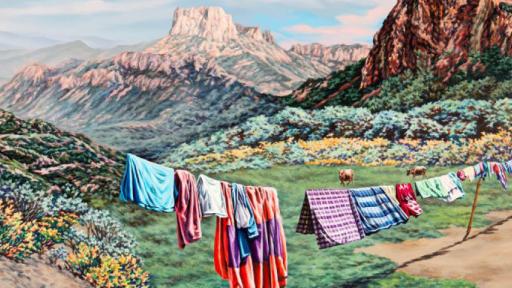 Detail from painting Out Back by Kevin Chin shows washing line hung with coloured items draped in front of mountain range.