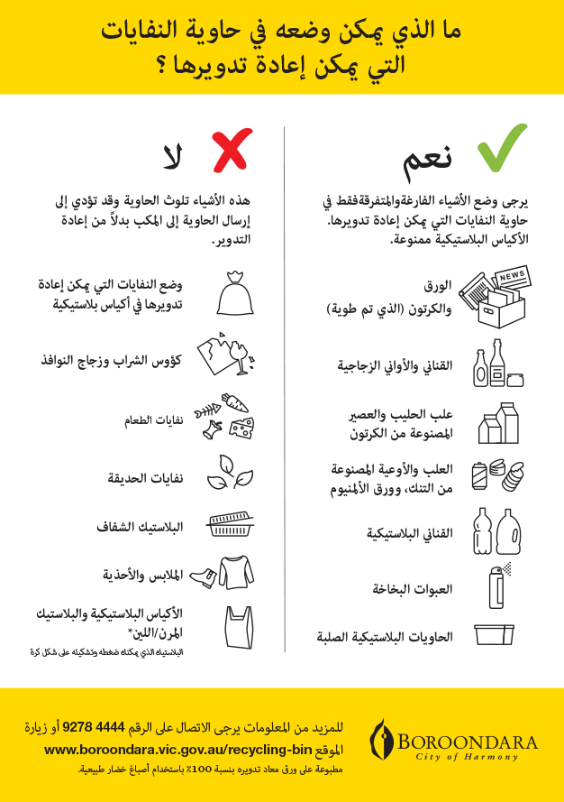 Arabic version of recycling bin sticker listing what can and can't be placed in the household recycling bin. Downloadable PDF version available under 'Downloads'.