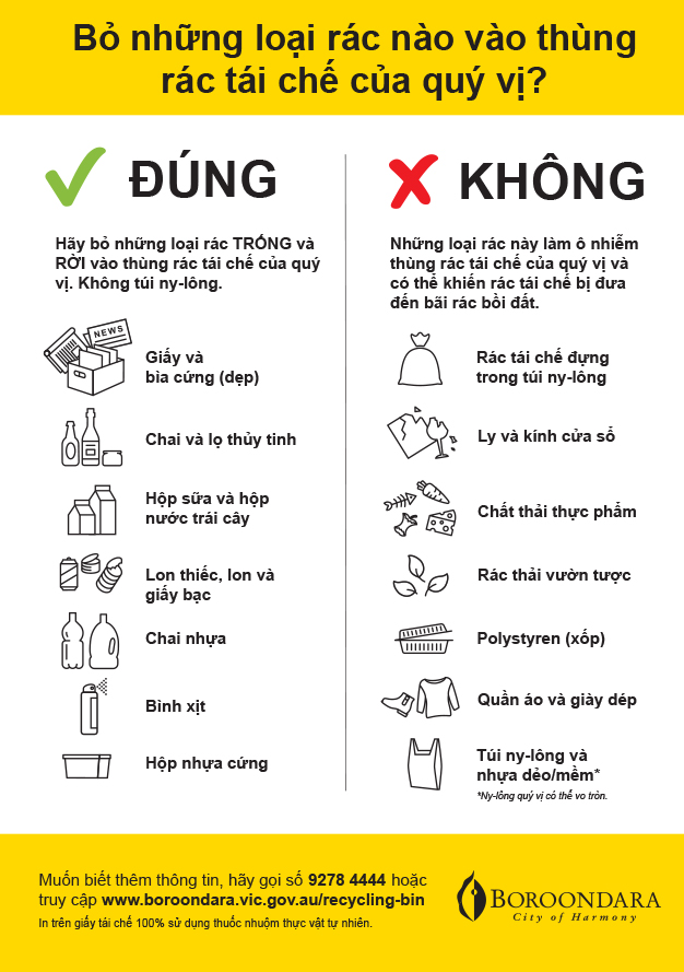 Vietnamese version of recycling bin sticker listing what can and can't be placed in the household recycling bin. Downloadable PDF version available under 'Downloads'.