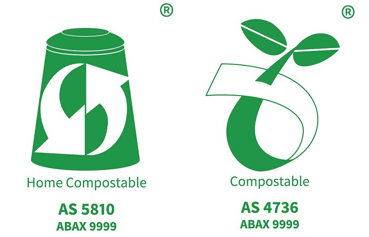 Logos for Home Compostable AS 5810 ABAX 9999 liners and Compostable AS 4736 ABAX 9999