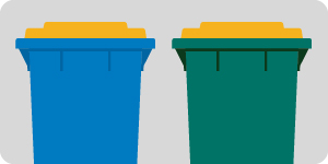 a blue and a green household recycling bin, both with yellow lids