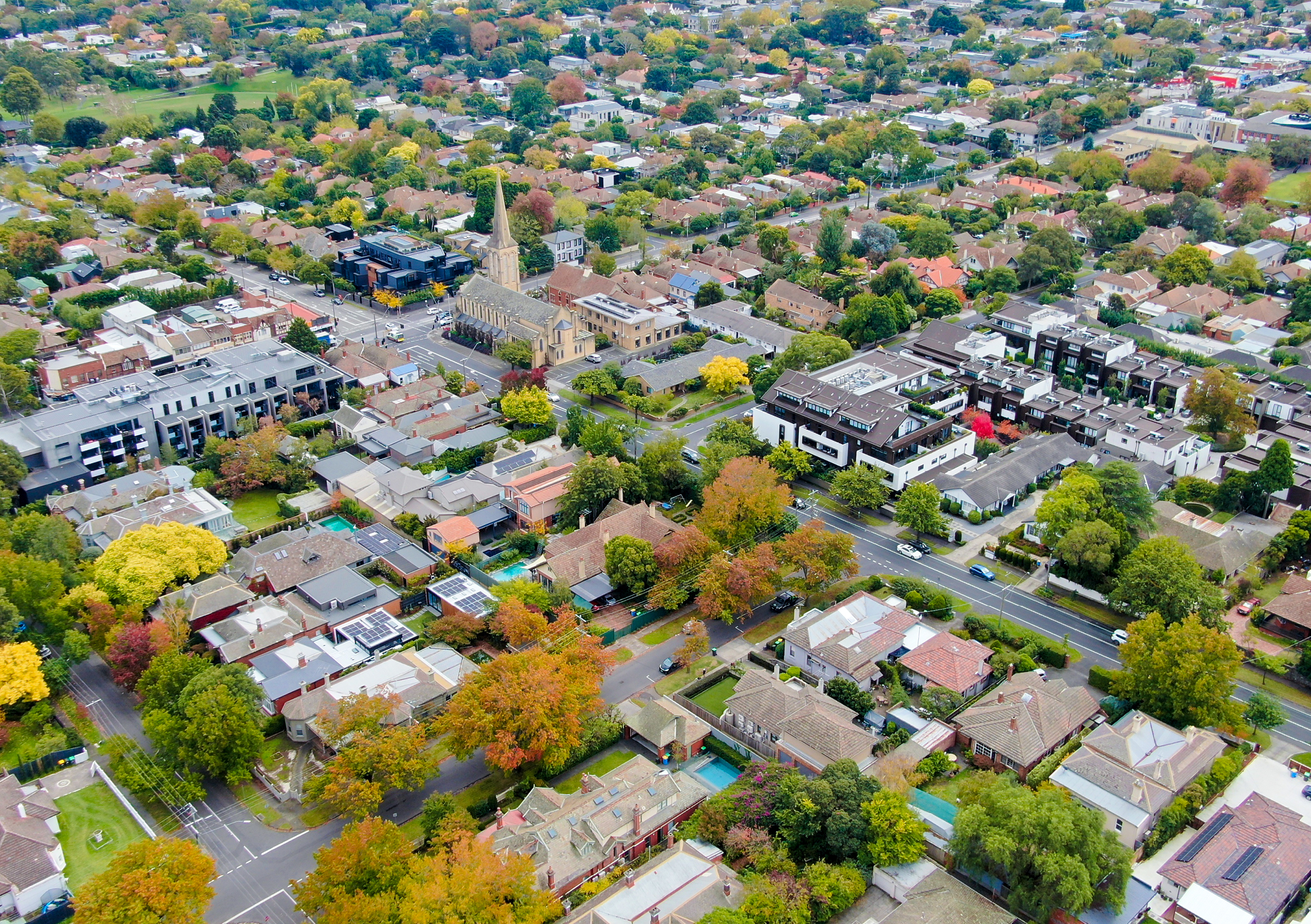 Looking over the intersection of Burke Road and Canterbury Road from the air