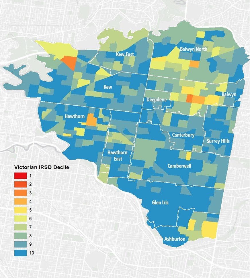 A map of Boroondara with each Statistical Area Level 1 (SA1) shaded according to its rank in Victoria on the Socio-Economic Indexes for Areas index of relative disadvantage. There are 401 component SA1s in Boroondara. There are no SA1s in the 20% most disadvantaged in Victoria, 2 SA1s are among the 30% most disadvantaged (one in Kew and one in Balwyn) and 5 are among the 40% most disadvantaged (1 in Balwyn North, 1 in Balwyn and 3 in Hawthorn).