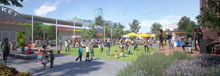 Artist impression of a plaza with people walking around lawn area and paths