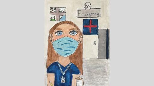 Drawing of a woman in hospital scrubs wearing a mask. She is wearing an ID tag for the hospital, and in the background there is a sign for the emergency department.