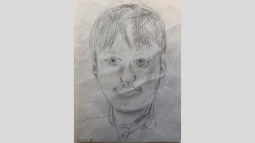 Self portrait by Finton, done with grey lead pencil on paper.