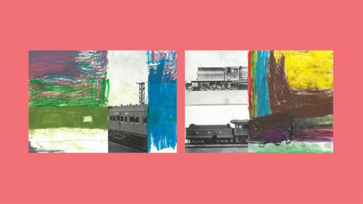 3 sections of photos of trains, with the other halves drawn by children.