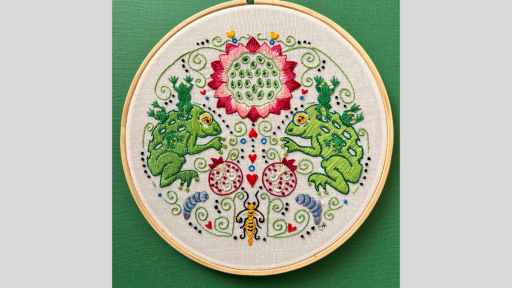 A circle of material with embroidery of two frogs, a large flower, small fruit and a bug, surrounded by small heart and vine decorations.