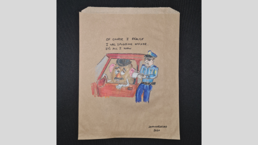 A drawing of a cop who has pulled over a car with a mr potato head inside who is saying 'Of course I realise I was spudding officer... it's all I know'