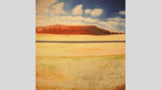 An artwork looking over a dry grassy plains landscape, with a road in the middle distance and a red mountain rising in the background under a blue sky with clouds
