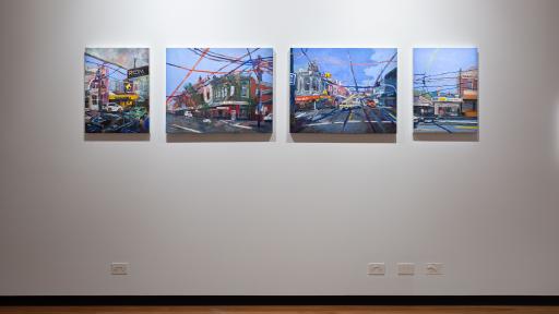 paintings of streets bisected by overhead tram lines