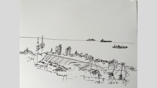 A sketch of ocean-side buildings overlooking the sea with a few ships in the distance