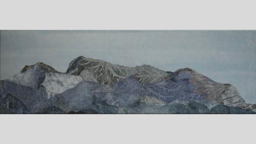 Etching of a landscape made from leaves in blues and greys