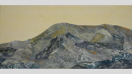 Artwork of leaves collaged to form a mountain range in blue, white and gold