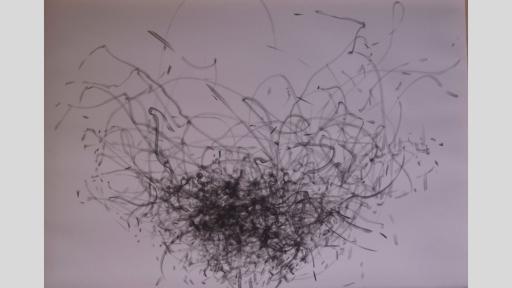 An artwork showing thin and thick dark erratic penstrokes on a white canvas, increasing toward a single central area