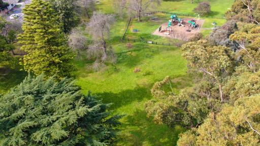 Aerial view of grass area with thick lines of trees to the right and left. There is a fenced-off playground and park benches at the top.
