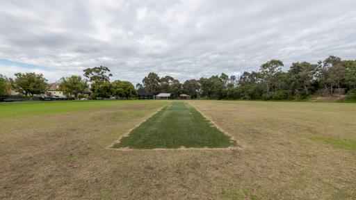 Dark green cricket pitch in the middle on an oval sportsground. There is a pavilion at the far end and tall trees on the horizon.