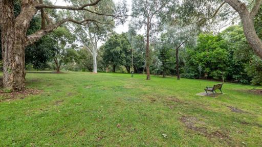 Large grass area with a slight left-to-right slope and scattered tall trees. There is a park bench on the right.