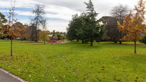 Large grass area with fallen leaves and scattered small and medium trees. There is a playground in the distance.