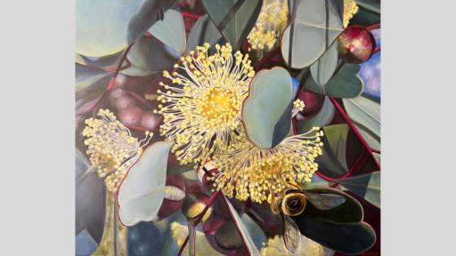 Painting of yellow flowers, dark red buds, and pale green leaves on Webster’s Eucalypt tree. A bee is upside down on one of the yellow flowers, its backend and wings visible