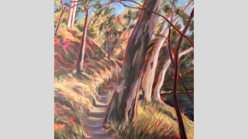 Painting of a dirt pathway cutting into a side of a hill, next to a river. Gum trees are on either side of the pathway, leaning towards the river. Red paint is used on the outline of the trees and patches of grass, indicating the scene is painted at sunset. 
