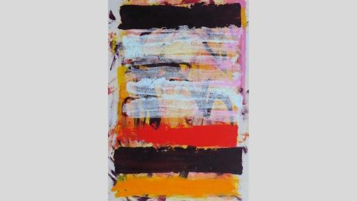 Abstract acrylic painting. Thick and quickly applied stripes, coloured black, white, and red, run horizontally across the canvas. Behind them, a block of yellow, and scribbles of pink, red and black paint. The background is white.