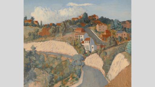 An oil painting of houses on a hill in Kew, above the Yarra River. The shrubby riverbank, and the road above it, wind around to the left. Above the road, white and clay-red houses line the streets of a hilly suburbia. Bushy trees are dotted all over the scene. Overhead, a blue sky with wispy clouds.