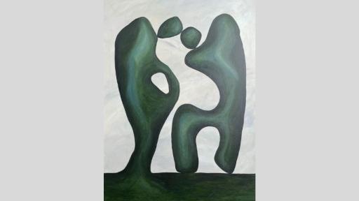 Acrylic painting depicting two abstract figures, organic and sculptural in shape, and aqua in colour. One appears to grow straight from the ground. They are leaning their bodies together, and their heads are touching..