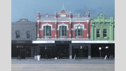 Acrylic painting of three shop fronts. On street level, there are five separate glass-fronted shops, with signs, bins and people on the footpath in front of them. Above the shops, and invisible to the people below, the original facades of these shops are revealed. They are highly ornate and multi-coloured. On their awnings, in text stylised to appear as the names of each shop, is written: Do we Realise the Beauty Above?