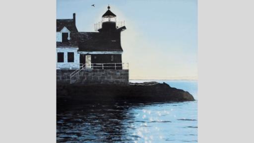 Square oil painting of a three-storey lighthouse, built on a stone jetty. The calm sea sparkles in the sunlight, and a single bird soars across a clear blue sky.