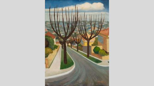An oil painting of brown trees, without leaves, that line either side of a suburban street. The street travels downhill, and in the distance, another hill rises, dotted with houses and trees. Overhead, a blue sky with long clouds.