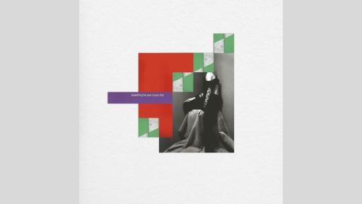 Collage composed of angular elements. The main element, in the centre, is a black and white photograph of a person wearing black pants and a sheer top. Their head is obscured by painted green squares. To the left of the composition, an angular block of red, interrupted by a thin purple rectangle, which includes text: ‘Something for your luxury flat.’