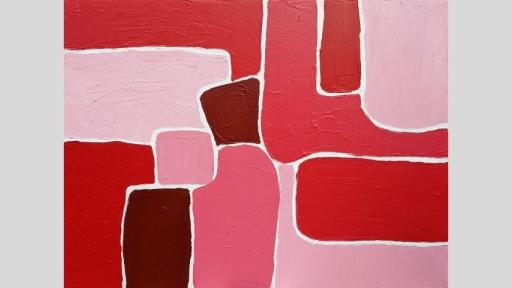 Abstract painting composed of oblong and rounded shapes, separated by white lines. The shapes are coloured red, maroon, and several shades of light and dark pink. The paint has been applied thickly and is very textured.