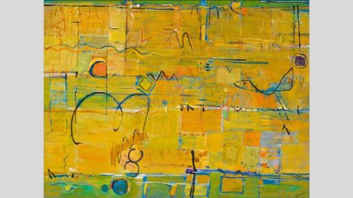 A predominantly yellow painting that appears to be an abstracted arial view of a landscape. Squares of yellow, circles and childlike scribbles are scattered across the work.