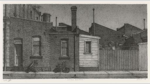 A highly detailed, hand-drawn, black and white lithograph depicting a street scene. The road and footpath run across the foreground, in front of a small brick and wood panel building. A bike and a pram lean against the wall. In the background, brick factories.