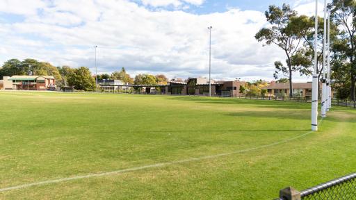 A large sports oval. AFL goal posts on the right. A wire fence surrounds the oval. 2 park buildings are in the background. 