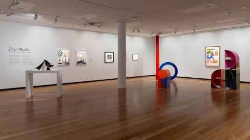 view across the gallery to the exhibition title on the wall
