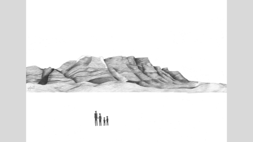 Landscape artwork created from pencil. In the foreground there is a family of two adults and two children. They are looking at a large mountain range in the distance. The artwork is in black and white. 
