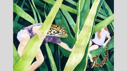 Watercolour painting of lizard creatures in tall green grass. The main creature has a yellow and black lizard head and a human body wearing a purple t-shirt and shorts. The second creature’s face is obscured by the blades of grass but has brown hair and all human features except for a yellow and black lizard tail. Both creatures are wading through the grass, as if they were as small as skinks.