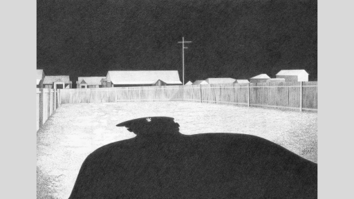 Black and white drawing of the shadow of a man in a backyard. The man’s shadow takes up the majority of the backyard’s lawn and is wearing a military uniform with the Polish army’s emblem appearing on his cap. In the distance are suburban homes and a tall powerline. The night sky is black, and the figure’s shadow is ominous. 