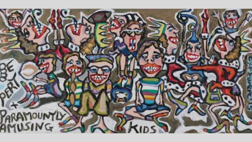 A busy painting featuring 13 figures very close together and occasionally overlapping or in unusual positions. Every figure has large teeth and red lips. Some are wearing crowns. The painting is cartoon in style with thick black outlines around each shape. The words ‘Be Pert + Paramountly Amusing Kids’ appear in the bottom left corner.