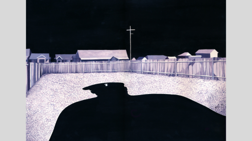Watercolour painting of the shadow of a man in a backyard. The man’s shadow takes up the majority of the backyard’s lawn and is wearing a military uniform with the Polish army’s emblem appearing on his cap. In the distance are suburban homes and a tall powerline. The night sky is black, the yard and the homes are purple, and the figure’s shadow is ominous.