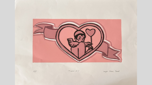 Pink linocut print of sad feminine clown. The background colour is light pink. The main imagery is a love heart with a ribbon behind it. Inside the love heart is a sad, 1920’s style clown with short black hair, bowl-style hat, and a large, bouncy collar. She is facing away, looking over her shoulder, holding a floating love-heart shaped balloon. 