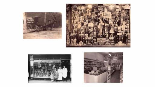 Four grey scale and sepia photographs. Top left photograph is of a black horse pulling an old-fashioned buggy. Top right photograph is a shop front filled with miscellaneous goods in tins and bottles and signs with prices on them. Bottom left photograph is of a group of five people in front of a storefront. The group includes two men wearing long white coats and black ties, a woman in a coat and pants and two small children in dresses and coats. Bottom right image is the inside of a store lined with produce