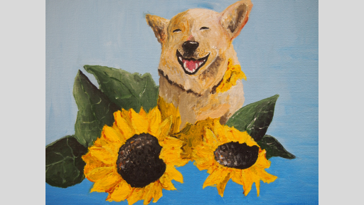 Painting of a light-haired dog, perhaps a kelpie, positioned behind two sunflowers. The dog has its mouth open smiling with its eyes closed, with the sunflowers leaves on either side of it.  The background has a light blue to mid-blue gradient.