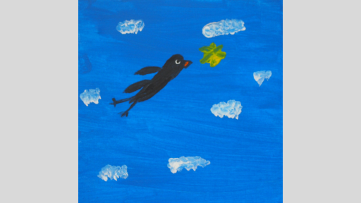 Painting of a black bird in the sky. The background is blue with seven small white clouds surrounding the bird. The black bird is in the centre of the artwork and has a red beak. It is chasing a yellow butterfly. 