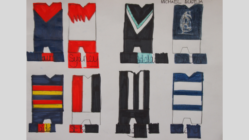 Drawing of eight AFL jerseys. The top row of jerseys includes Melbourne, Sydney Swans, Port Adelaide, and Carlton, and the bottom row includes Adelaide Crows, St Kilda, Collingwood, and Geelong Cats. The artist has signed his name, Michael Bugeja, in the top right corner.
