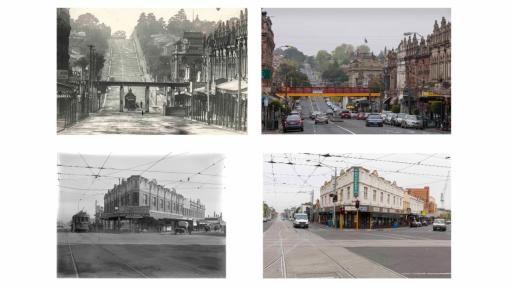Four photographs on a white background. The top left photograph is and old black and white image of a road curving up a hill with shops lined on either side and a raised bridge, crossing over the road. The top right photograph is in colour is the same street taken from a similar angle, but the bridge has been rebuilt and there are cars filling the road. The bottom left image is a greyscale photograph of an intersection with a large building on the street corner. There is a tram on the road to the left of th
