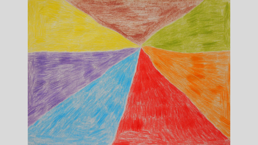 Abstract drawing of seven colourful triangles with their points meeting in the middle slightly off centre. The colours starting from top left are yellow, maroon, green, orange, red, light blue, and purple.