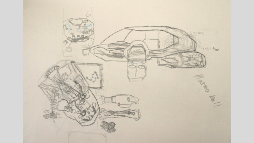 Pencil drawing of what appears to be a car parts that are taken apart. The details are indistinct, however there are glimpses of engine parts, nuts and bolts, and a car body.